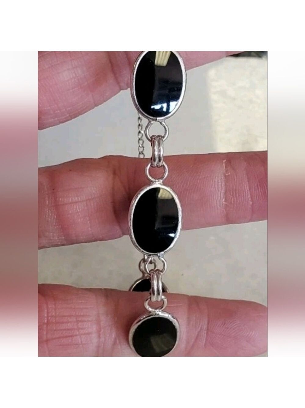 Christian Dior Sterling Silver Black Onyx Oval Link 7.5" Bracelet w/Safety Chain - Picture 6 of 7